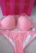 Victoria Secret Fabulous Peachy Strappy Crochet 34C Top Small Bikini Set NWT