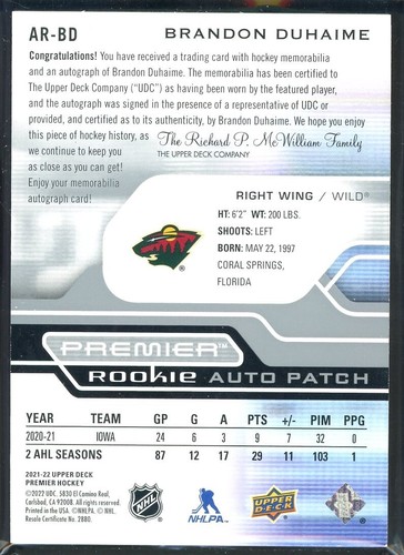 Parche de novato 2021-22 Upper Deck Premier acetato automático #ARBD Brandon Duhaime/249 - Imagen 2 de 2