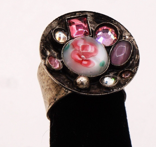 Unique Vintage Disc Bowl Silver Ring of Pink Crystals Art Glass Rhinestones 5.5 - Picture 1 of 10