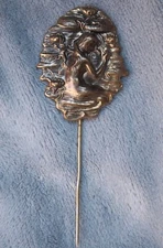 Vintage Art Nouveau Girl in Lily Pond Stamped Brass Stick Pin 7607