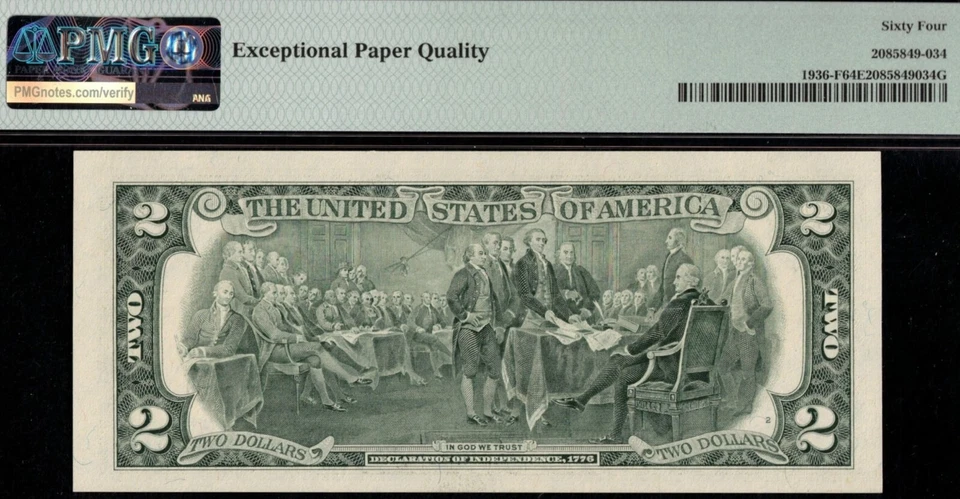 1995 $2 FRN F03030303A 2-DIGIT PMG #64EPQ - Image 2 of 3