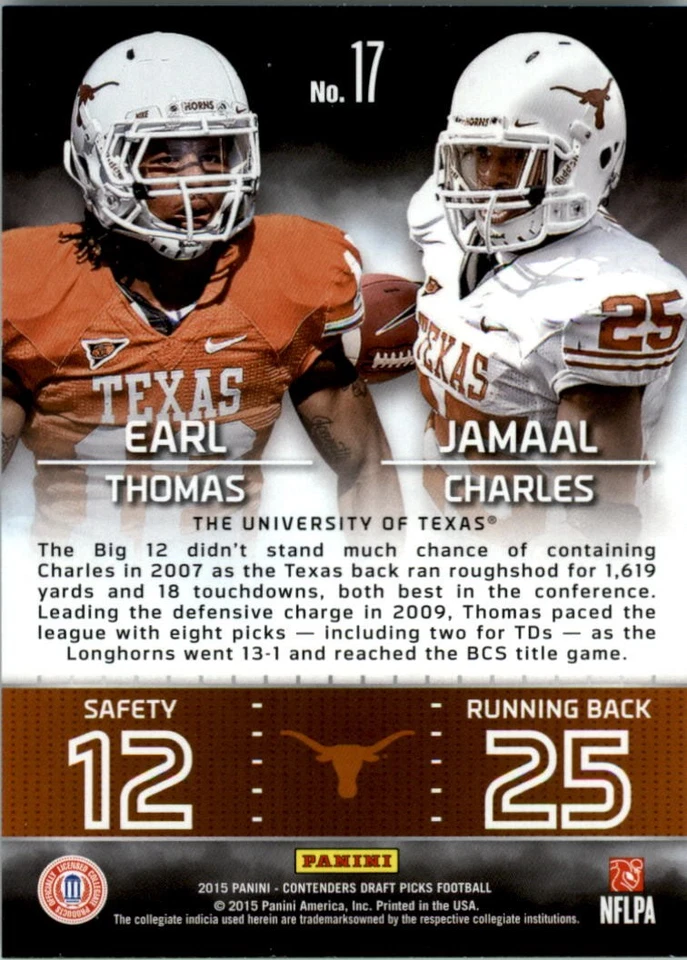 2015 Contenders Draft Picks Coll Connections #17 Jamaal Charles Earl Thomas FB - Image 2 of 2