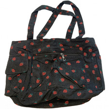 Black Corduroy Zipper Front Tote Bag Strawberry Pattern Shoulder Bag Purse New