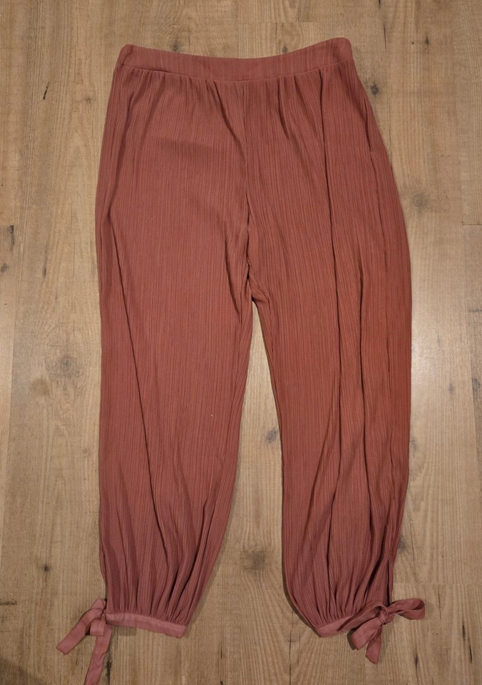 Zara Brown Pleated Harem Pants Elastic Waist Tie Sheer Ankles Size M Medium
