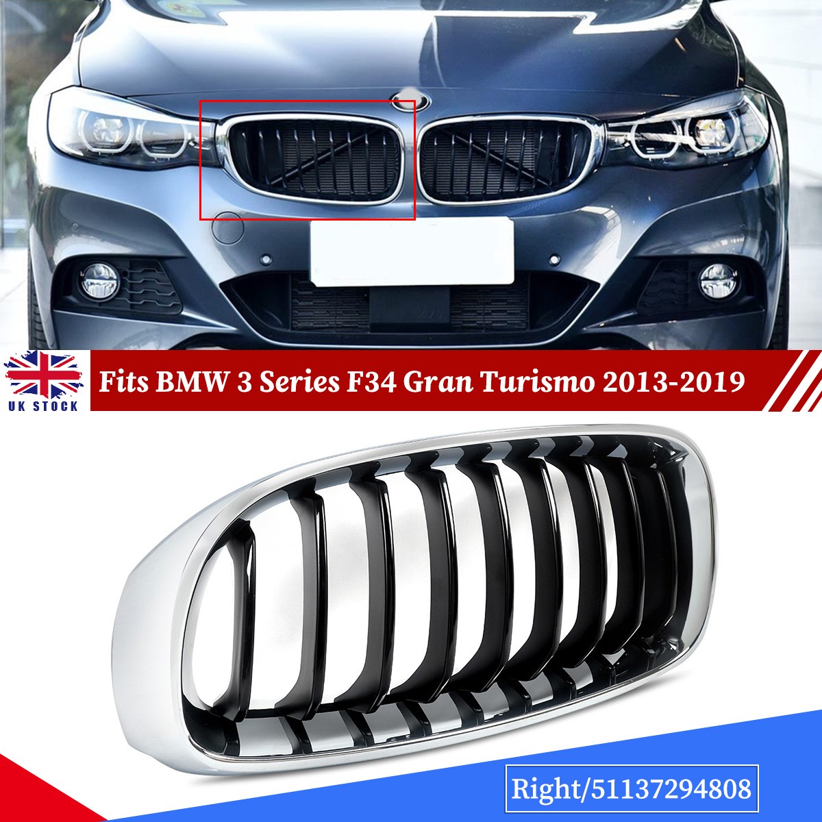 CHROME BLACK FRONT KIDNEY GRILLE FOR BMW 3 SERIES F34 GT GRAN TURISMO 2013-2020