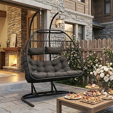 Single/Double Hanging Egg Chair Rattan Swing Garden Hammock Cushions Out/Indoor
