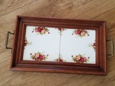 Royal Albert Old Country Roses Tea Tray - Wood /Ceramic Tiles / Brass Handles