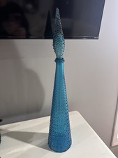 Vintage 1960s Italian Empoli Blue Glass Aztec Hobnail Genie Bottle, Decanter.