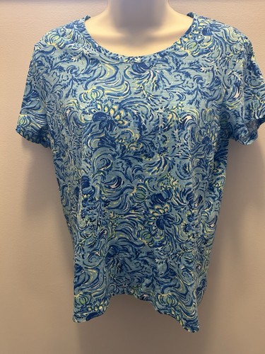 Ladies Stella Parker Blue Tropical Floral Short Sleeve Top Medium M NWOT