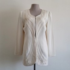 Vintage Cream Embroidered Jacket Collarless Blazer Soutache Ribbon Trim XS