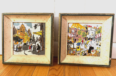 Vtg Pilkington Tile Signed Poché Mid-Century Modern French Street Scene Pair