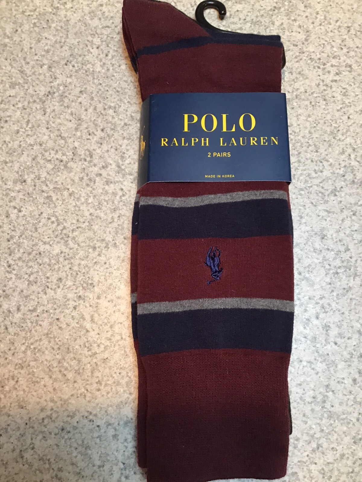 POLO RALPH LAUREN 2 PAIA CALZE UOMO BLU NAVY E BLU NAVY E BORDEAUX A RIGHE CON PONY 10 13