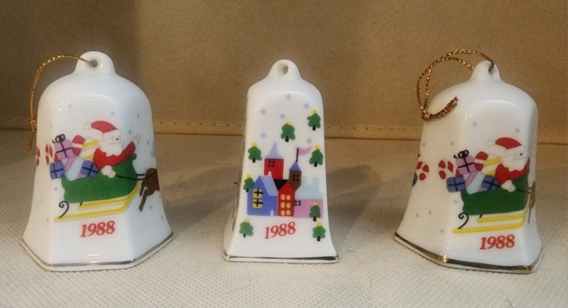 Lillian Vernon 1988 PORCELAIN Christmas BELLS, 3 Ornaments VINTAGE 
