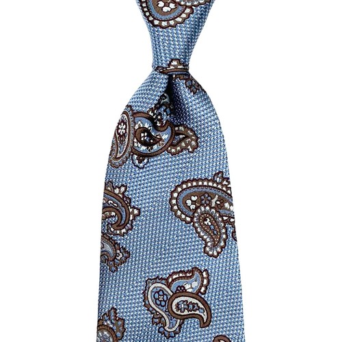 Ermenegildo Zegna Recent Blue Tie -Brown White Paisley On Blue Micro Plaid Silk  - Picture 3 of 12