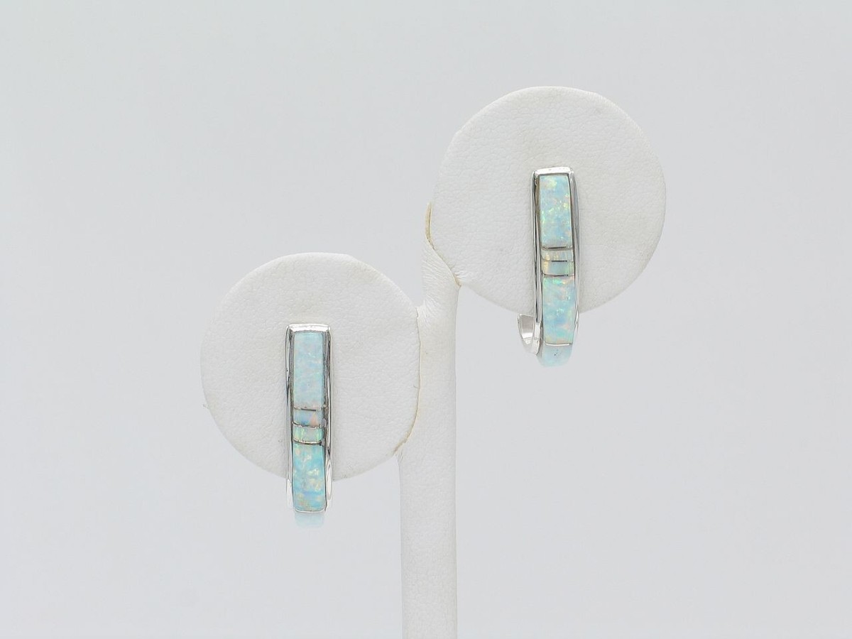 Sterling Silver White Created Opal Inlay Hoop Earrings Sterling Silver White Created Opal Inlay Hoop Earrings