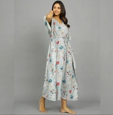 Indian Cotton Grey Floral Printed Kaftan Dress Women's Clothing Kaftan Dress US