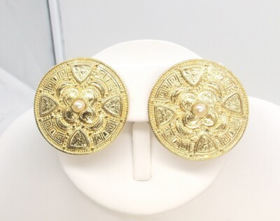1.6'' Large Gold-P Ornate Design Round Faux Pearl Center Shield Pierced Earrings