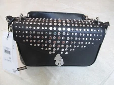 NEW LE Calvin Klein Leather Lock Shoulder Purse Rhinestone Studded Black $268