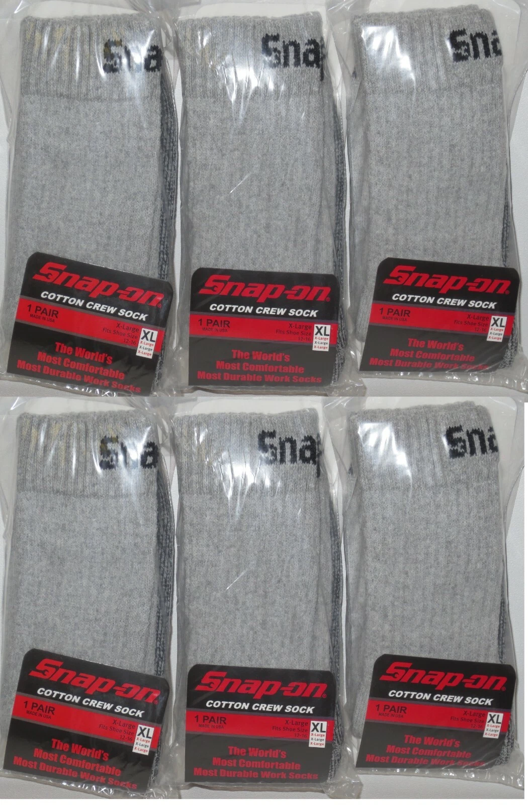 6 PAIRS Snap-On CREW Socks Men's GRAY X-LARGE *FREE SHIPPING* MADE IN USA *NEW*