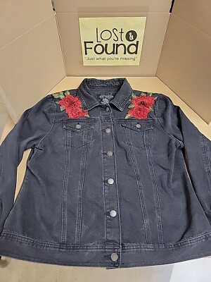 Live a Little Black Denim Jean Jacket Red Rose Embroidered Button Up Size  XL
