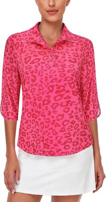 LURANEE Womens Golf Shirt Quick Dry 3/4 Sleeve T Shirts Small, Pink Leopard 