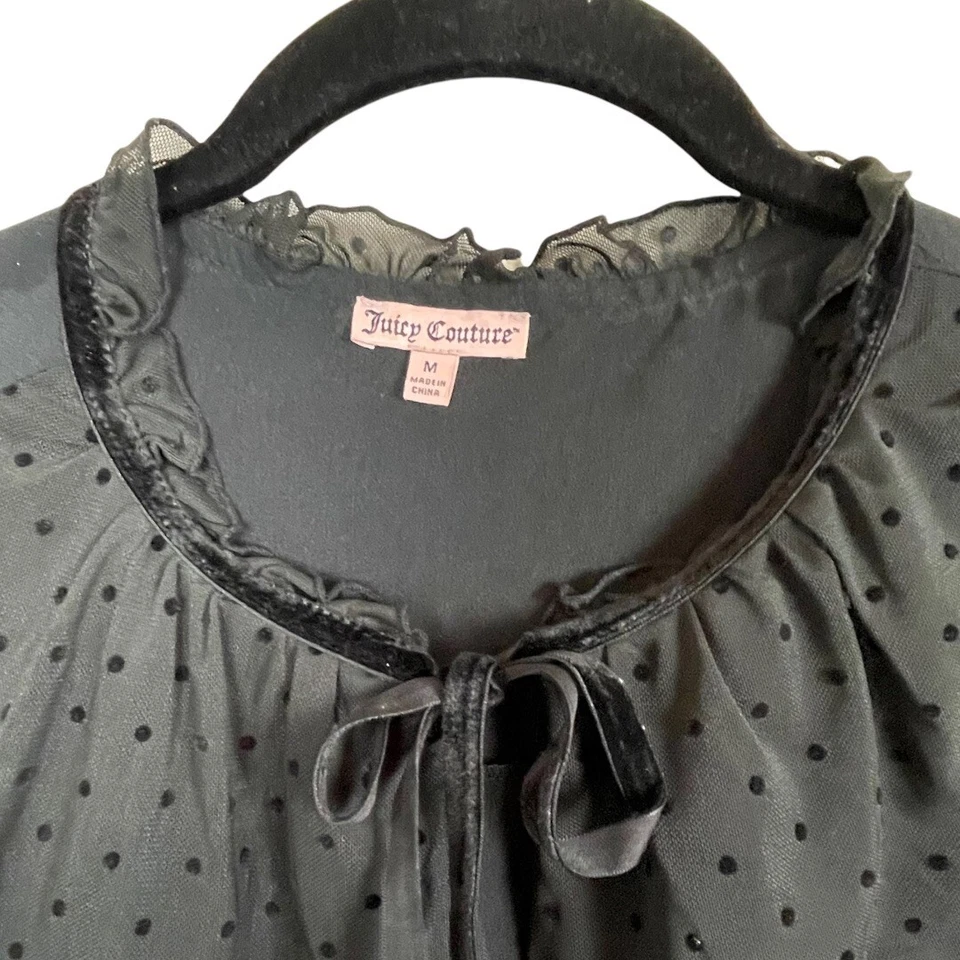 Blusa Juicy Couture M Negra Punto Suizo Manga Transparente Cuello Atado Gótico Cachicho Foto 2 de 4