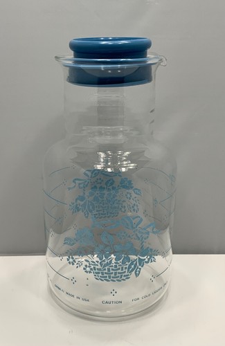 Vtg Pyrex Carafe Lid Pitcher Cornflower Glass Clear Blue Floral Flowers 2Qt 2L - Picture 6 of 11