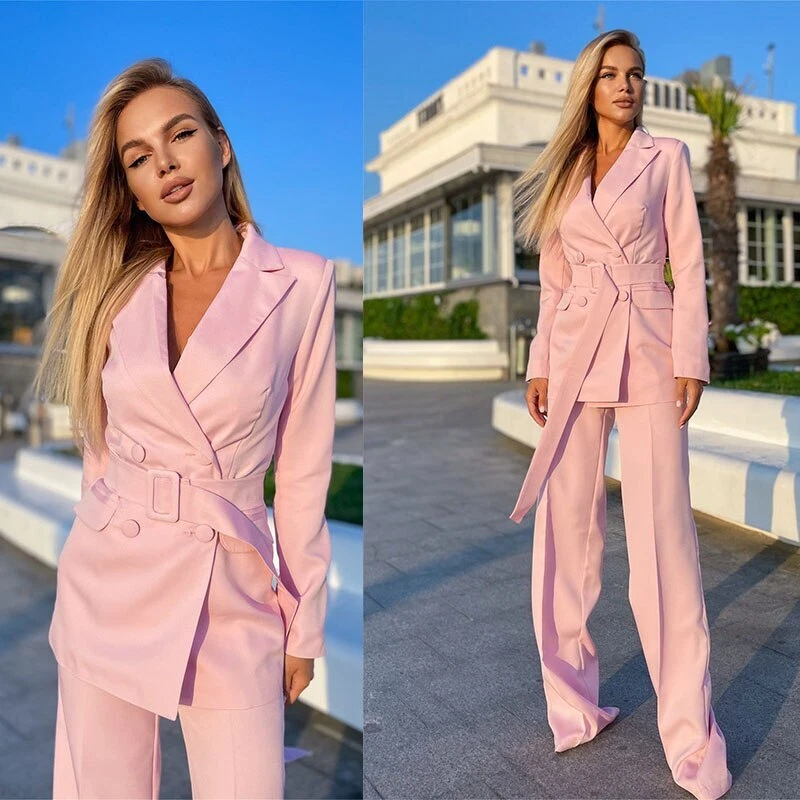 Formal 2Pcs Pink Women Suits Set Tie Waist Blazer Pants Fashion Office Work  Wear