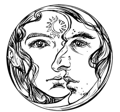 RARE DRAWING MAN WOMAN SUN MOON BW ART Pendant 925 Sterling Silver 20'' Necklace