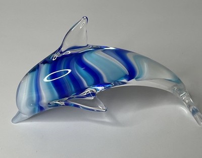 Dolphin Figurine Paperweight Hand Blown Art Glass Aqua White Blue Swirled
