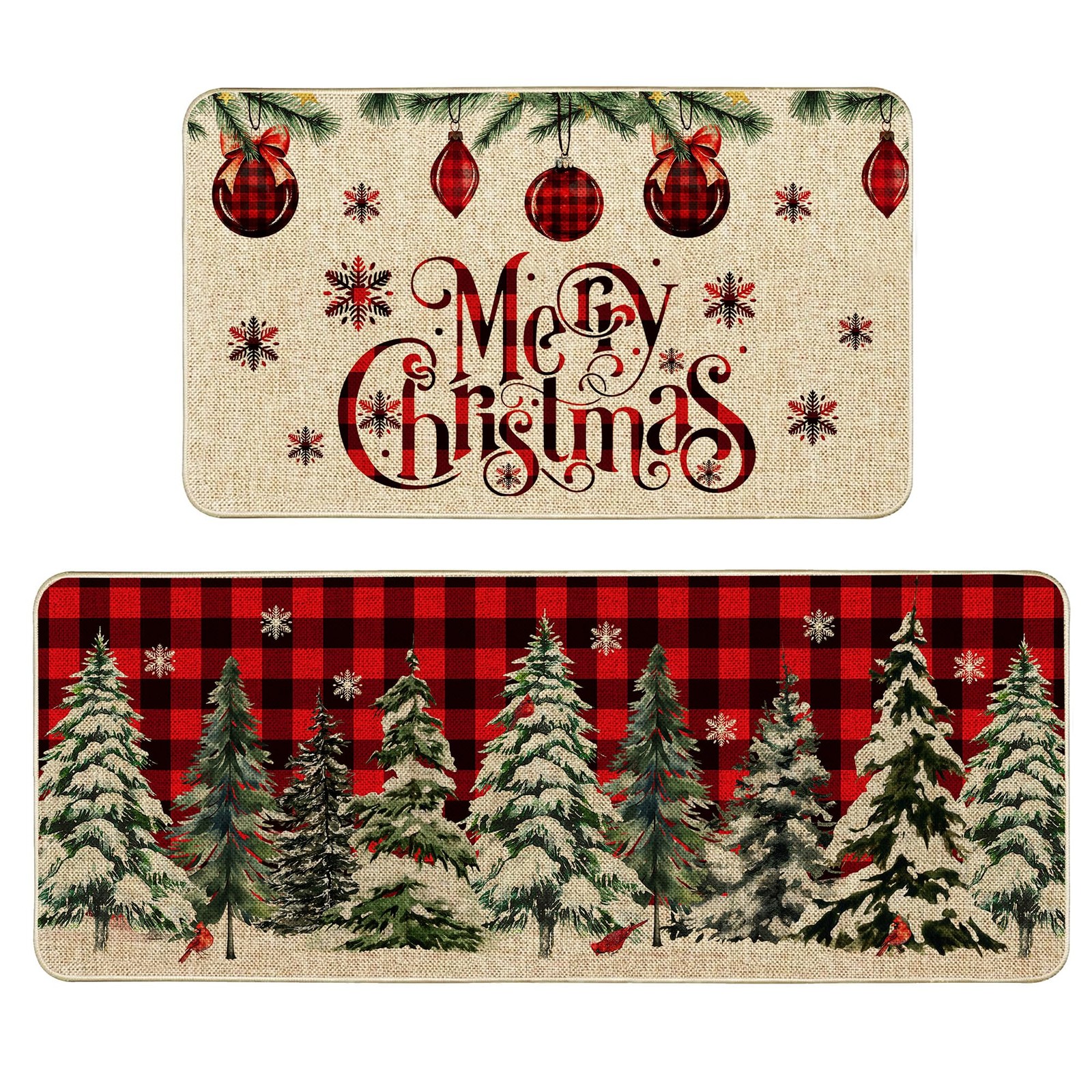 Christmas Ball Trees Plaid Kitchen Mats Set of 2, Merry Christmas Kitchen Rug...