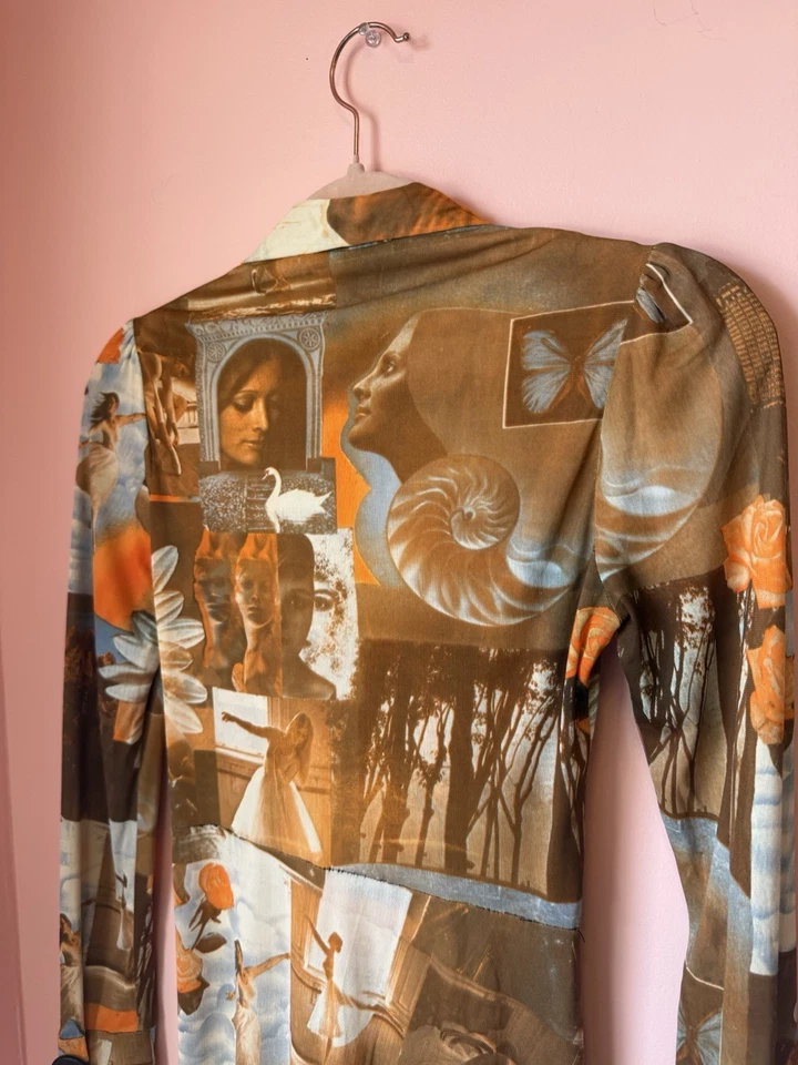 Vestido envolvente vintage de los años 60 con estampado fotográfico naranja grueso manga larga cintura corbata Foto 4 de 4