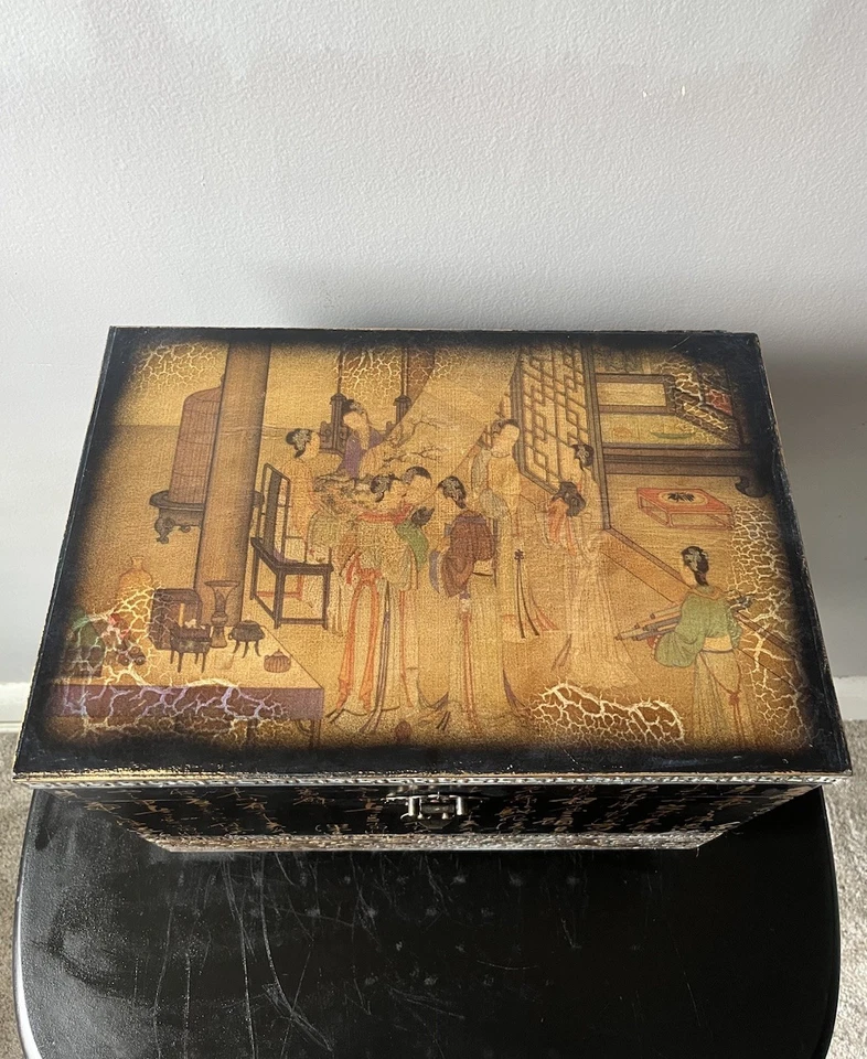 Vintage Oriental Chinese Antique Lacquer Pigskin Trunk Design Chest Box RARE - Image 2 of 4