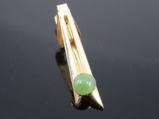 Vintage Gold-Tone Tie Clip w/ Green Cabochon Stone Mid-Century Modern Style