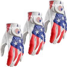 Golf Gloves Men with Ball Marker 3 Pack USA Flag, M-Large, Left