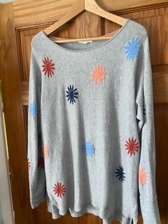 White Stuff 100% organic cotton grey with multicoloured stars jumper size 16 EUC