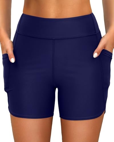 Women High Waisted Swim Shorts - 5" Bathing Suit Short with Medium Navy Blue