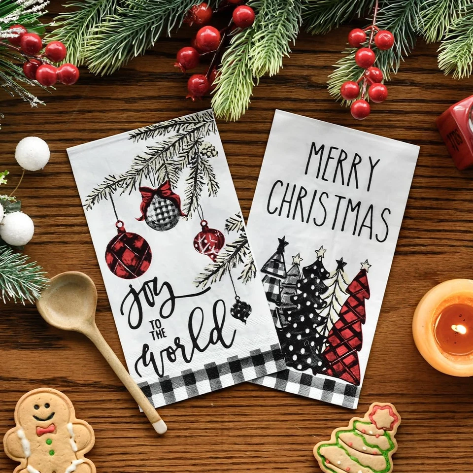 100 servilletas decorativas de papel desechables de Navidad para invitados, árbol de Navidad a cuadros de búfalo Foto 2 de 4