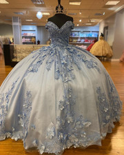 Light Blue Quinceanera Dresses 3D Flowers Off The Shoulder Sweet 16 Ball Gown