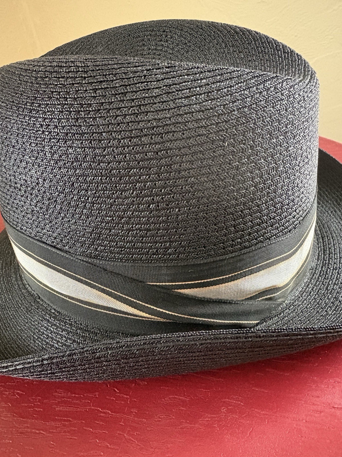 Vintage Beaver Hats Straw Fedora Panama Hat Black Milan w/ Gray Band Size 7 1/8