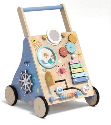 Ocean-Themed Wooden Baby Walker with Activity Center, Montessori Push Walker
