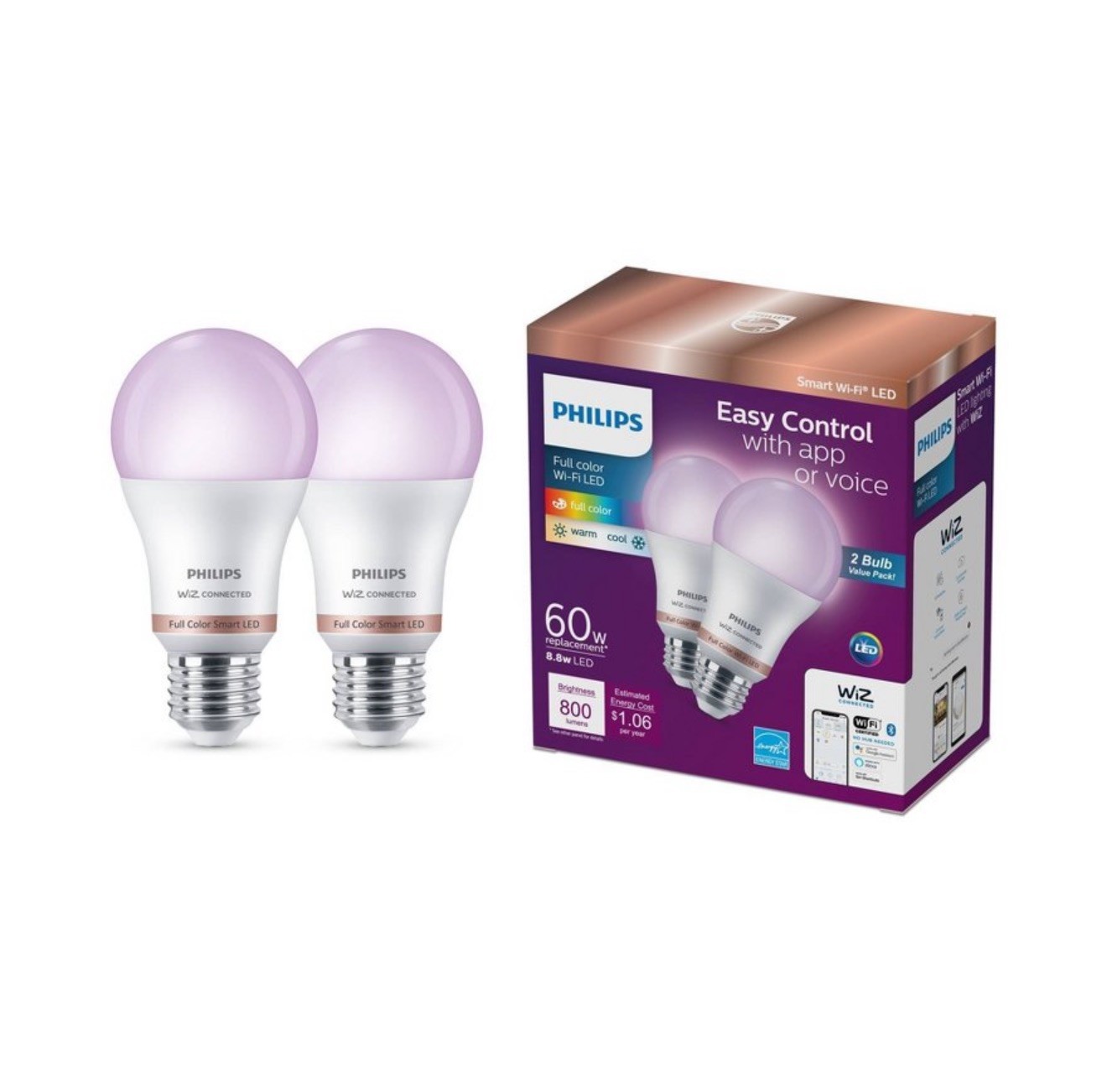 Philips 2-pack Smart Wi-Fi 60w Multi-Colored LED Light Bulb A19: E26 Base