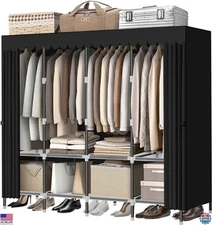 Portable Black Wardrobe Closet with Zippers, 65.4" Large Storage Space