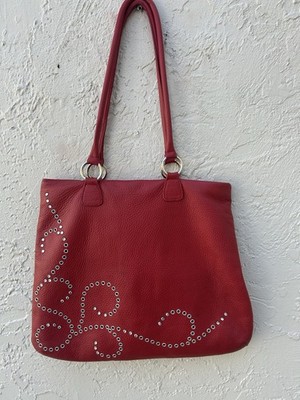 Berge Made In Italy Red Pebble Leather Shoulder Bag With Studs and Rhinestone