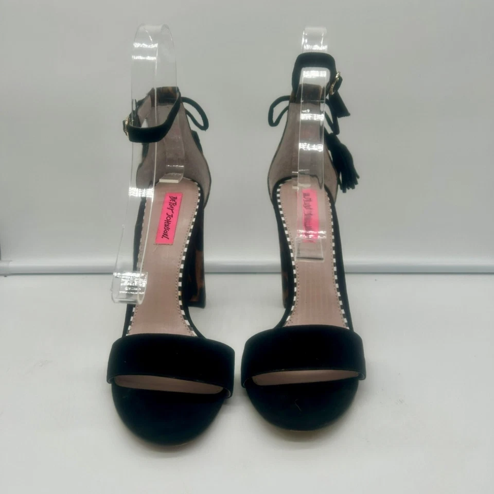 Betsey Johnson Rakko Leopardo Tacones Bloque Mujer 9.5 Negro Marrón Hebilla al Tobillo Foto 3 de 4