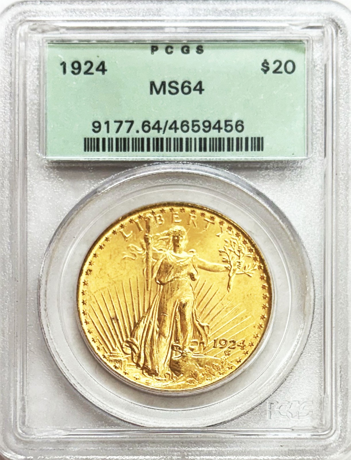 1924 GOLD USA $20 SAINT GAUDENS DOUBLE EAGLE COIN OGH PCGS MINT STATE 64 PQ