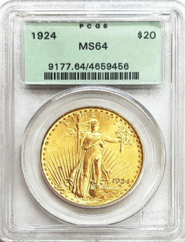 1924 GOLD USA $20 SAINT GAUDENS DOUBLE EAGLE COIN OGH PCGS MINT STATE 64 PQ