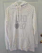A ropostale Women's Striped Pullover Hoodie w/ Pockets Logo Heart White/Gray L