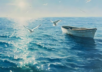 Serene Ocean Scene Wall Art Poster with Seagulls and Boat Home Decor