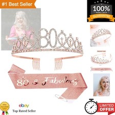 80th Birthday Crown  Sash Set - Rose Gold Glitter  Rhinestone Tiara